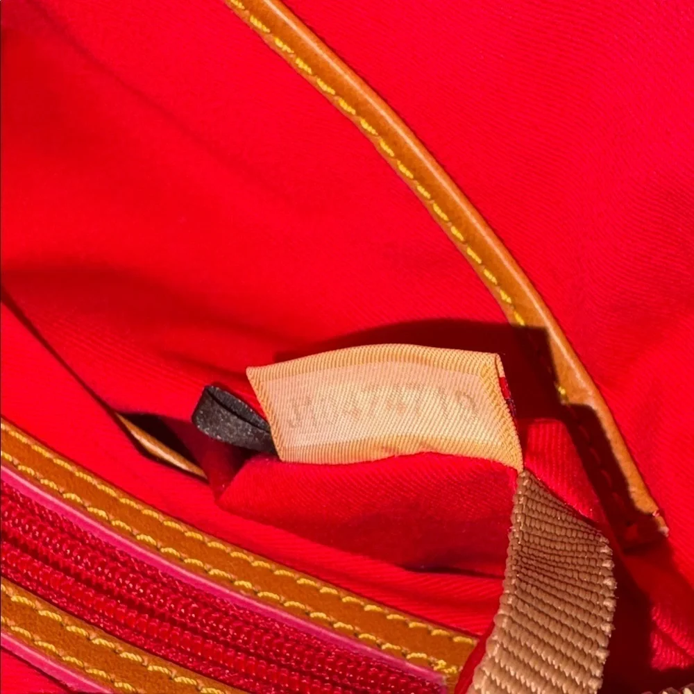 Dooney & Bourke Pink & Red Floral Crossbody Bag/tan leather trim S-M size EUC